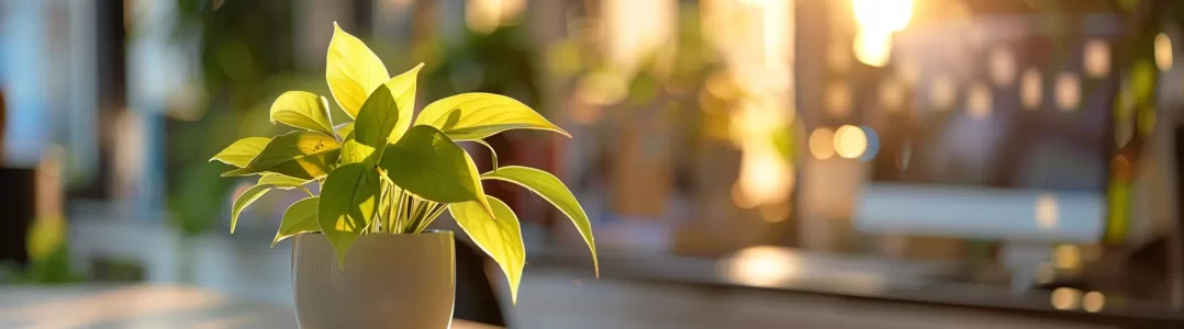 a lush green plant thriving on a sleek, modern desk in a sunlit orlando office.