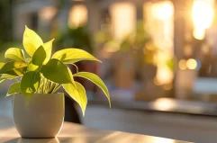 a lush green plant thriving on a sleek, modern desk in a sunlit orlando office.