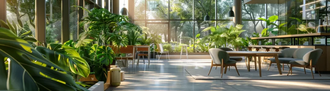 a modern, sustainable office space with abundant green plants and natural light streaming in through large windows.