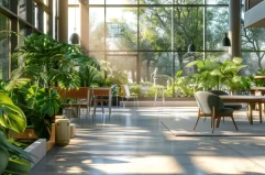 a modern, sustainable office space with abundant green plants and natural light streaming in through large windows.