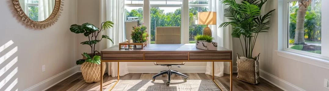 a stylish and inviting home office setup in orlando showcases a sleek, affordable desk adorned with modern accessories, bathed in natural light filtering through large windows, creating an atmosphere of productivity and inspiration.