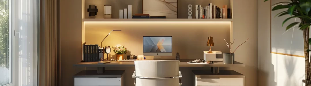 a stylish and well-organized home office featuring sleek furniture, modern desk accessories, and warm ambient lighting that fosters productivity and creativity.