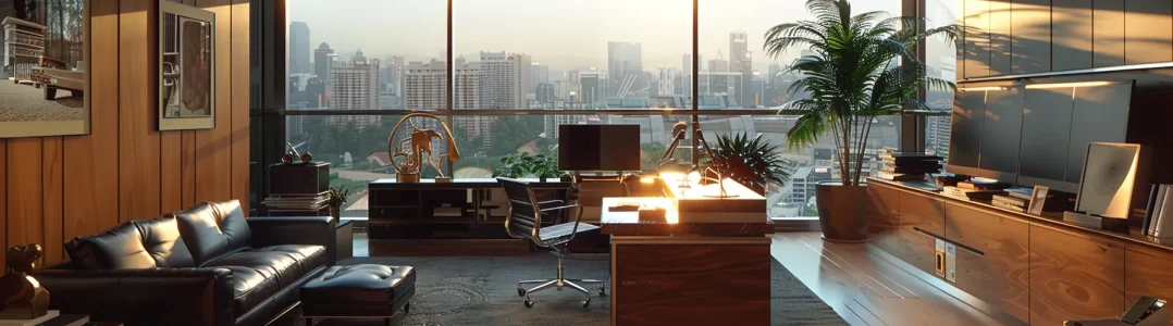 a modern office workspace, meticulously arranged with sleek used furniture accessories, exuding a professional atmosphere designed to enhance productivity and collaboration.