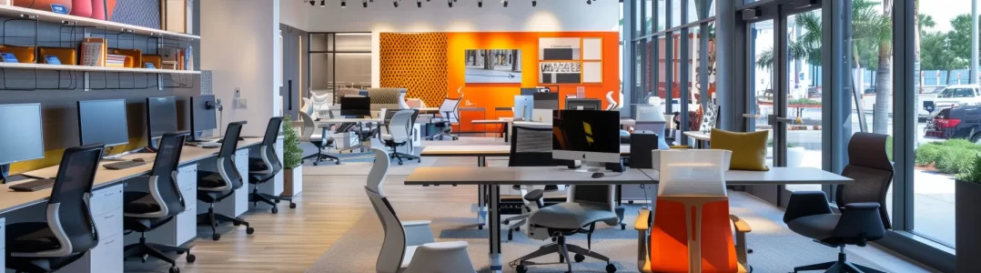a modern, well-lit office showroom in orlando showcases an array of ergonomic office chair accessories, featuring sleek designs and vibrant colors, inviting customers to explore the best deals.